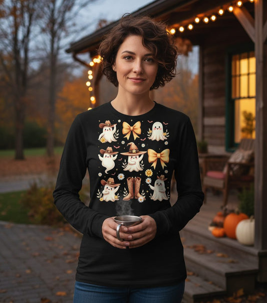 Boo Haw Cute Ghost cute ghost Long Sleeve Tee Black lifestyle mockup