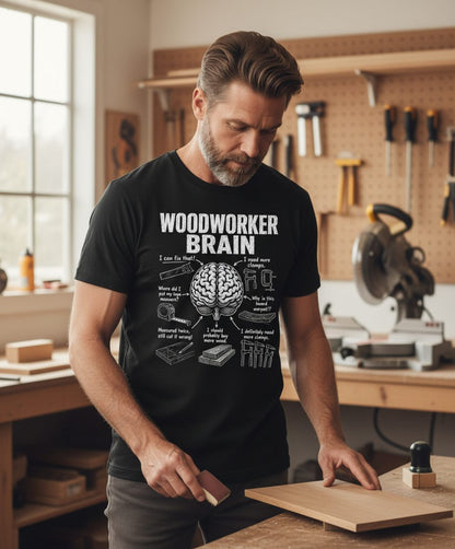 Woodworker Brain Funny Woodworking T-Shirt - lifestyle model mockup - Black