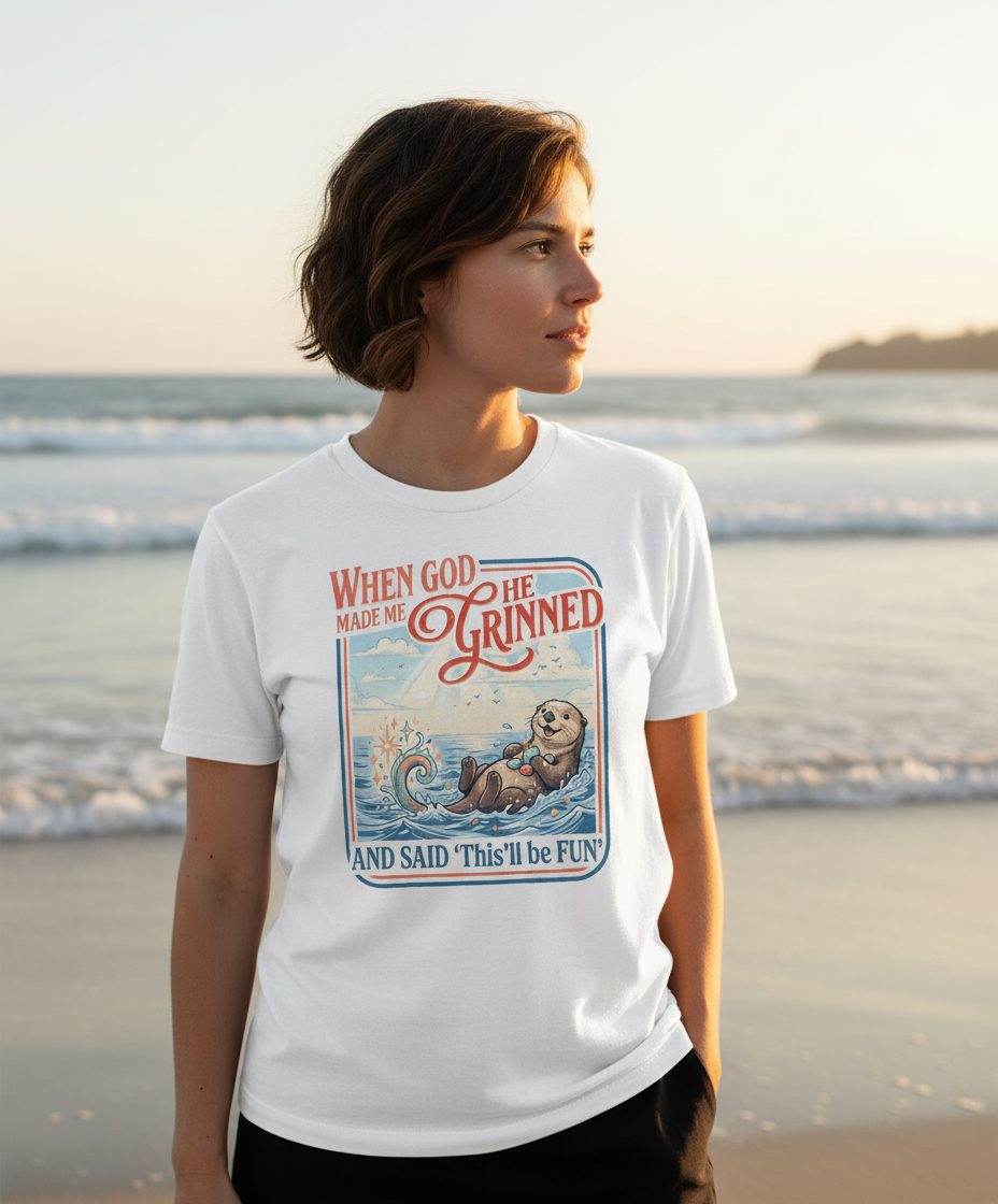 When God Made Me He Grinned and Said 'This'll Be FUN' T-Shirt - lifestyle model mockup - White