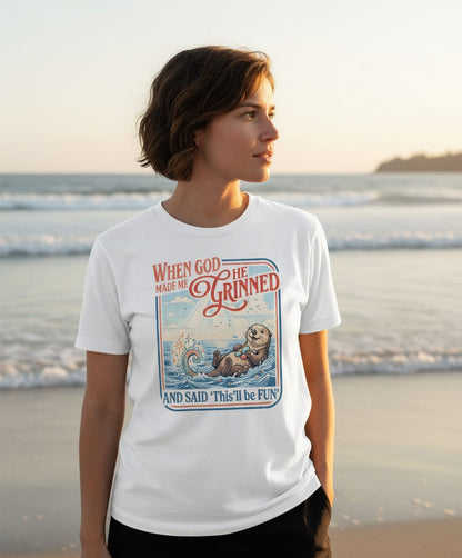 When God Made Me He Grinned and Said 'This'll Be FUN' T-Shirt - lifestyle model mockup - White