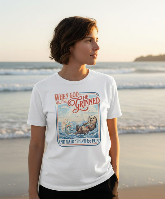 When God Made Me He Grinned and Said 'This'll Be FUN' T-Shirt - lifestyle model mockup - White