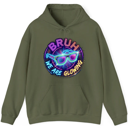 BRUH WE ARE GLOWING Neon Party Hoodie Military Green product mockup
