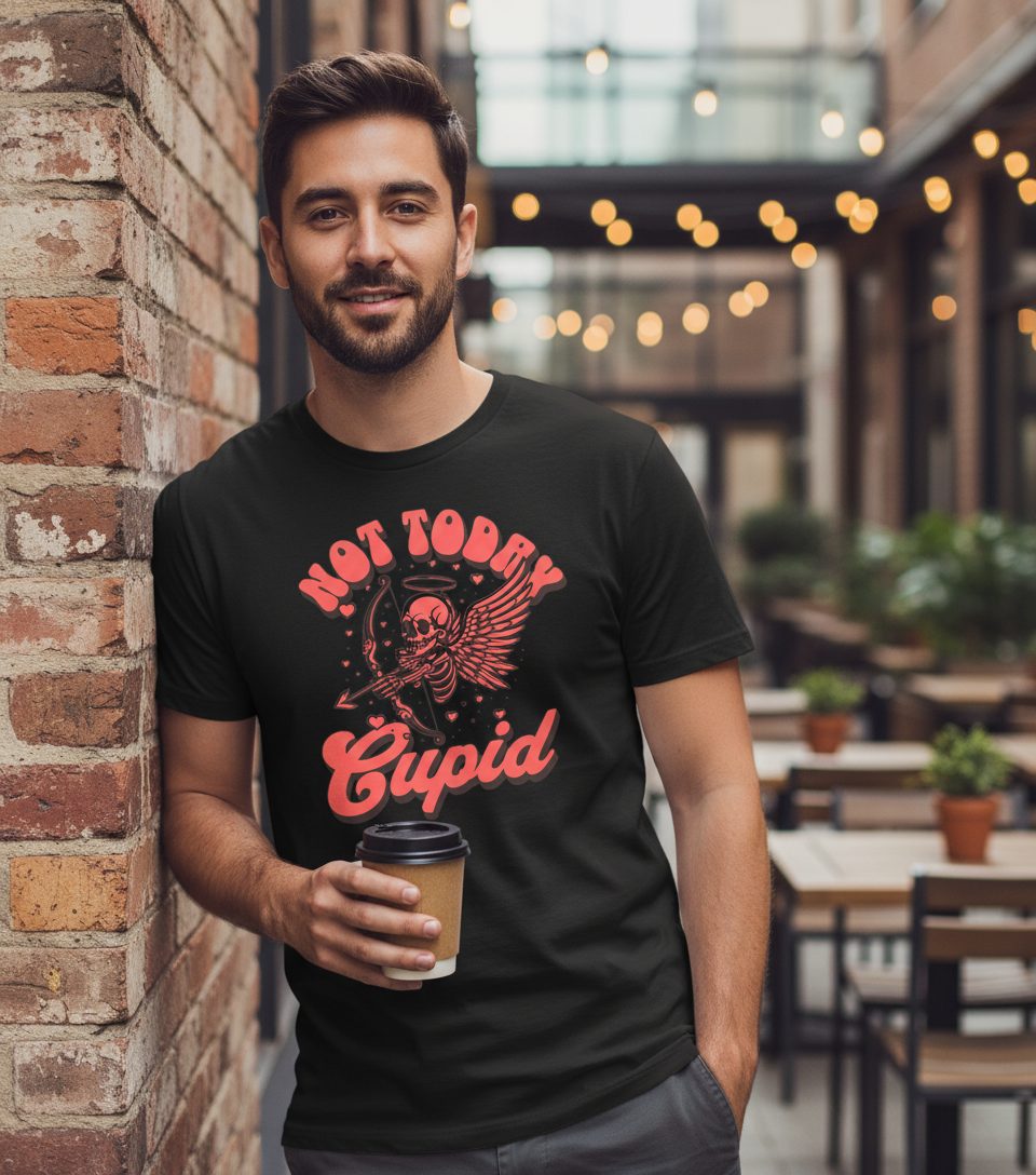 Not Today Cupid skeletal cupid T-Shirt Black lifestyle mockup
