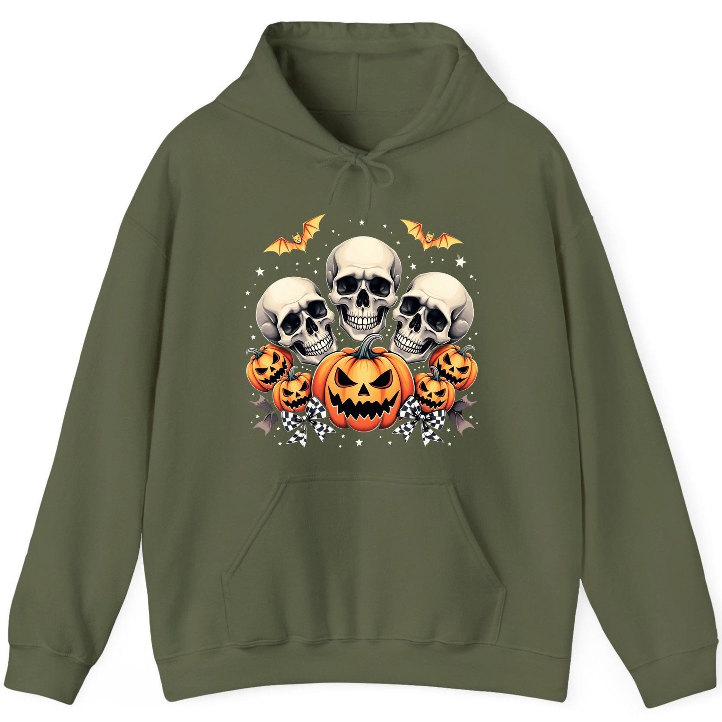 Skulls and Pumpkins Halloween Halloween Hoodie Military Green product mockup