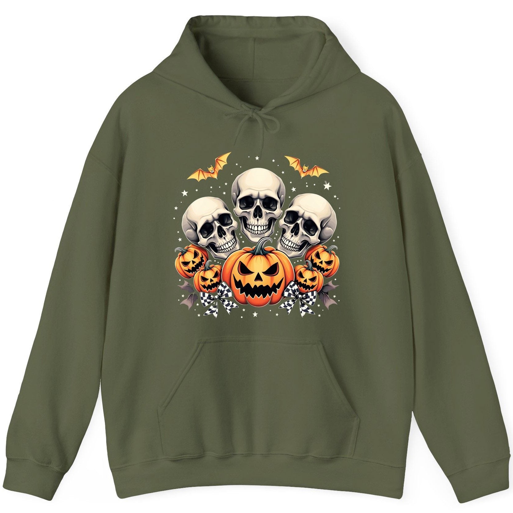 Skulls and Pumpkins Halloween Halloween Hoodie Military Green product mockup