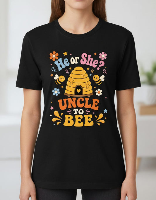 He or She Uncle to Bee Retro Gender Reveal T-Shirt - product mockup - Black