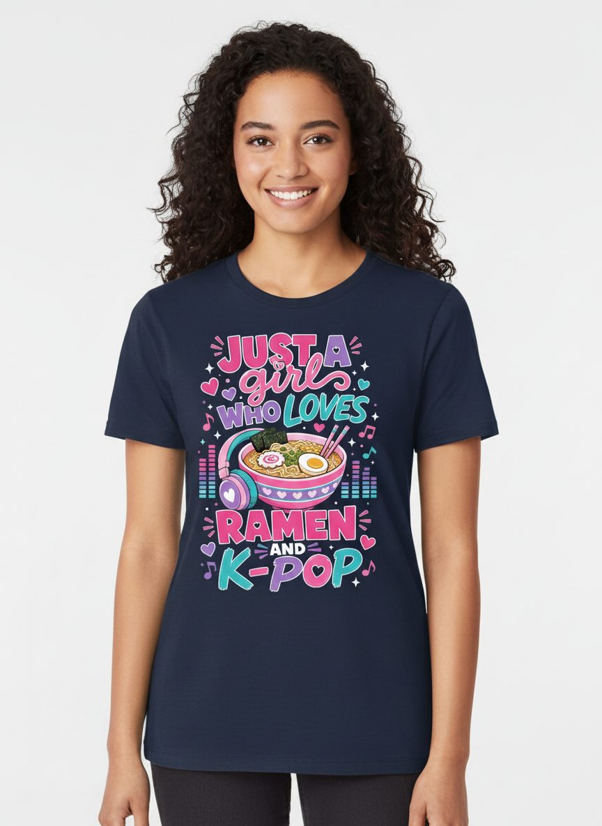 Just a Girl Who Loves Ramen and K-Pop and Ramen T-Shirt - product mockup - Navy