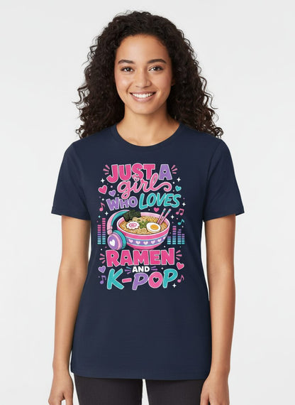 Just a Girl Who Loves Ramen and K-Pop and Ramen T-Shirt - product mockup - Navy