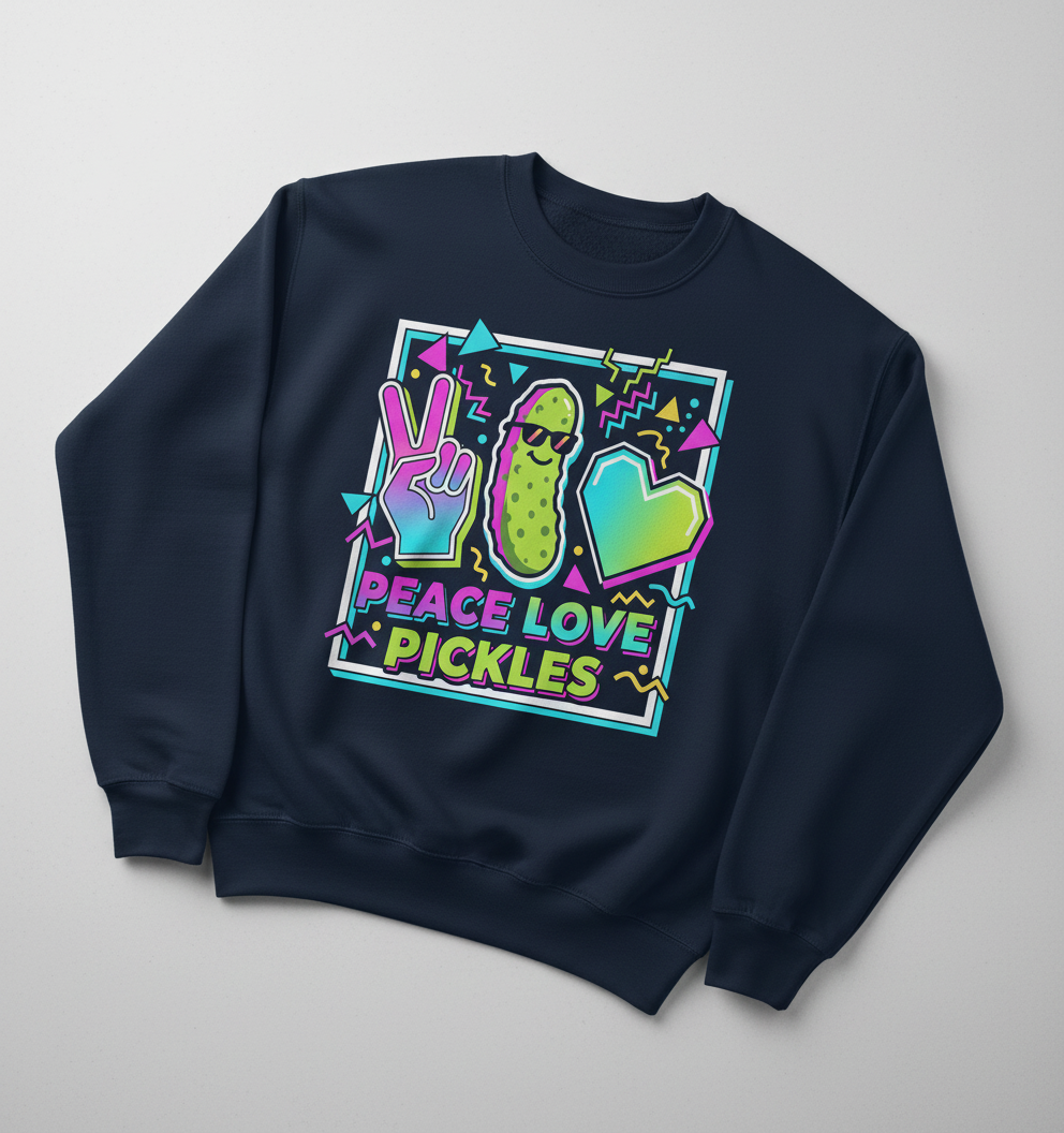Peace Love Pickles Retro 80s 90s Style Design Sweatshirt - Navy
