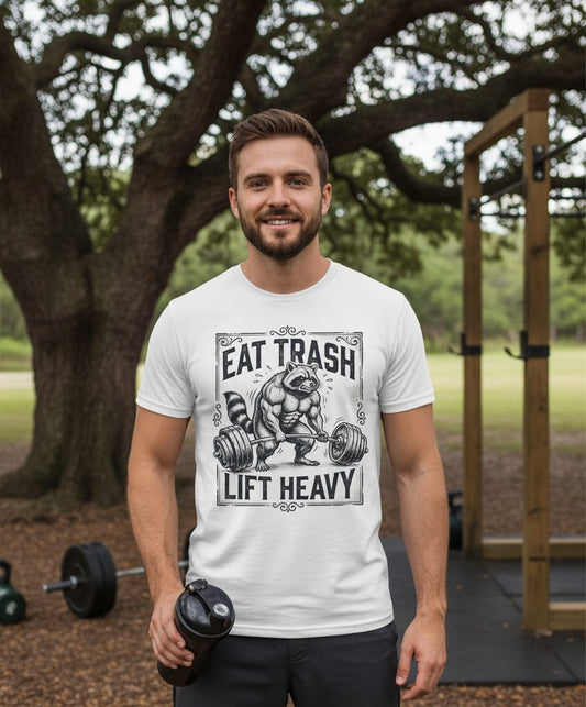 Eat Trash Lift Heavy raccoon T-Shirt White lifestyle mockup