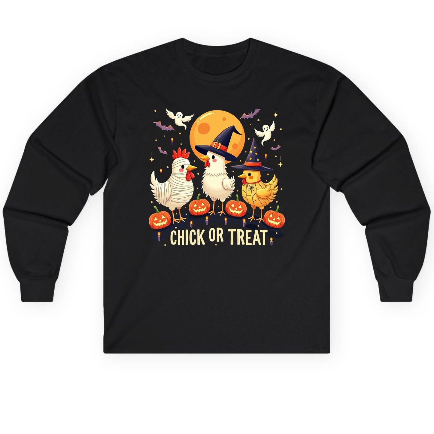 Chick or Treat Halloween chickens Long Sleeve Tee Black product mockup