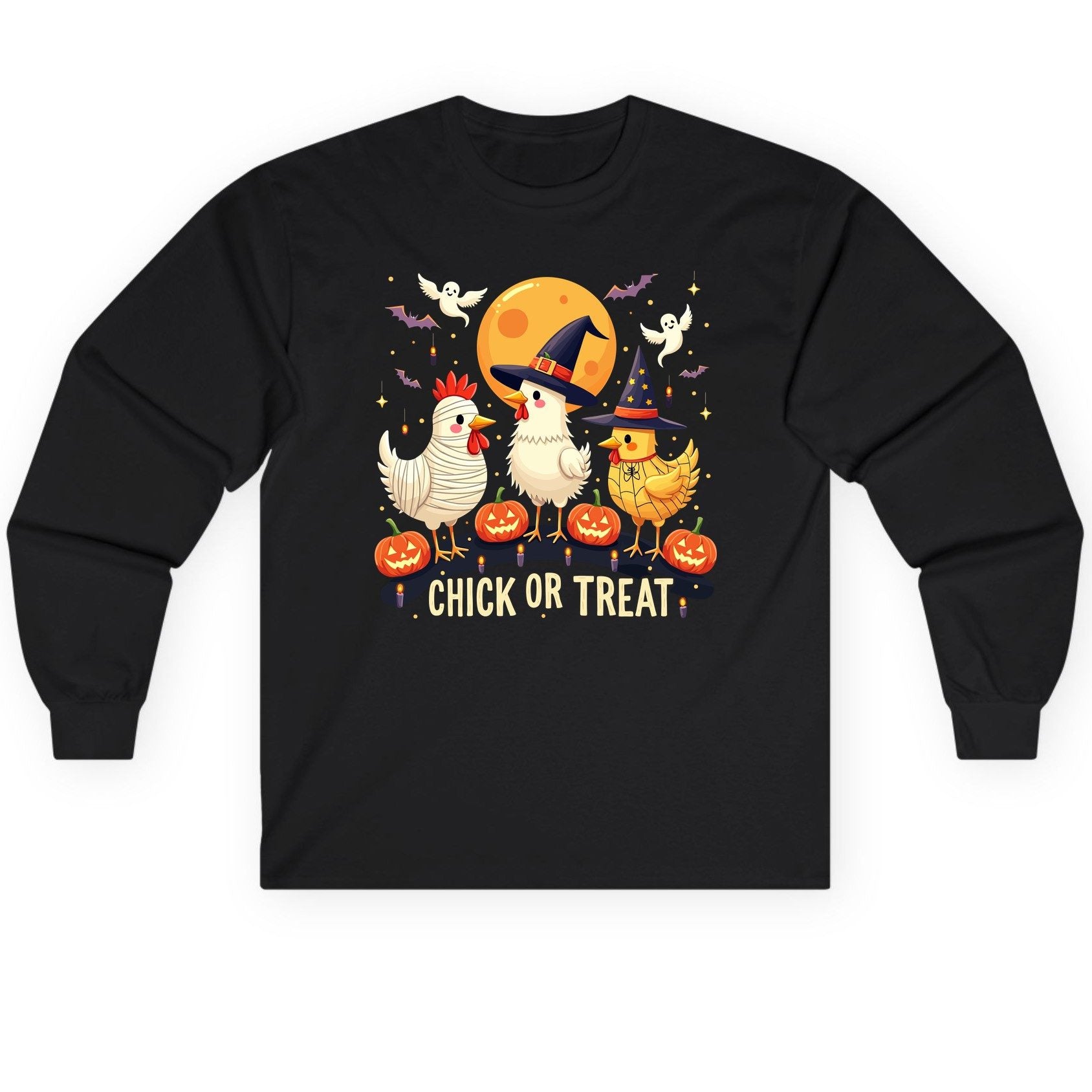 Chick or Treat Halloween chickens Long Sleeve Tee Black product mockup