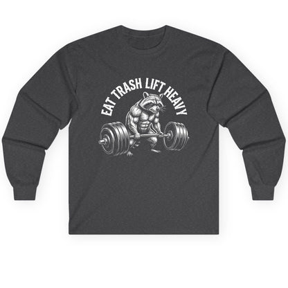 Eat Trash Lift Heavy raccoon Long Sleeve Tee Dark Heather product mockup