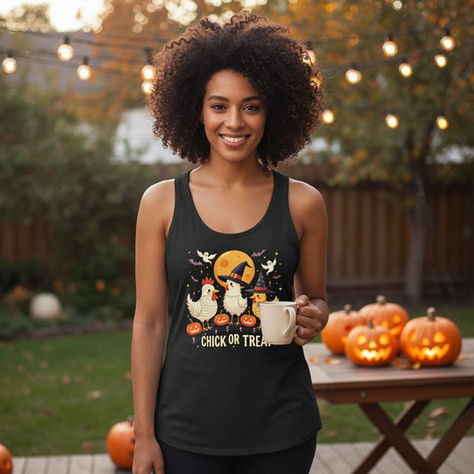 Chick or Treat Halloween chickens Tank Top Black lifestyle mockup