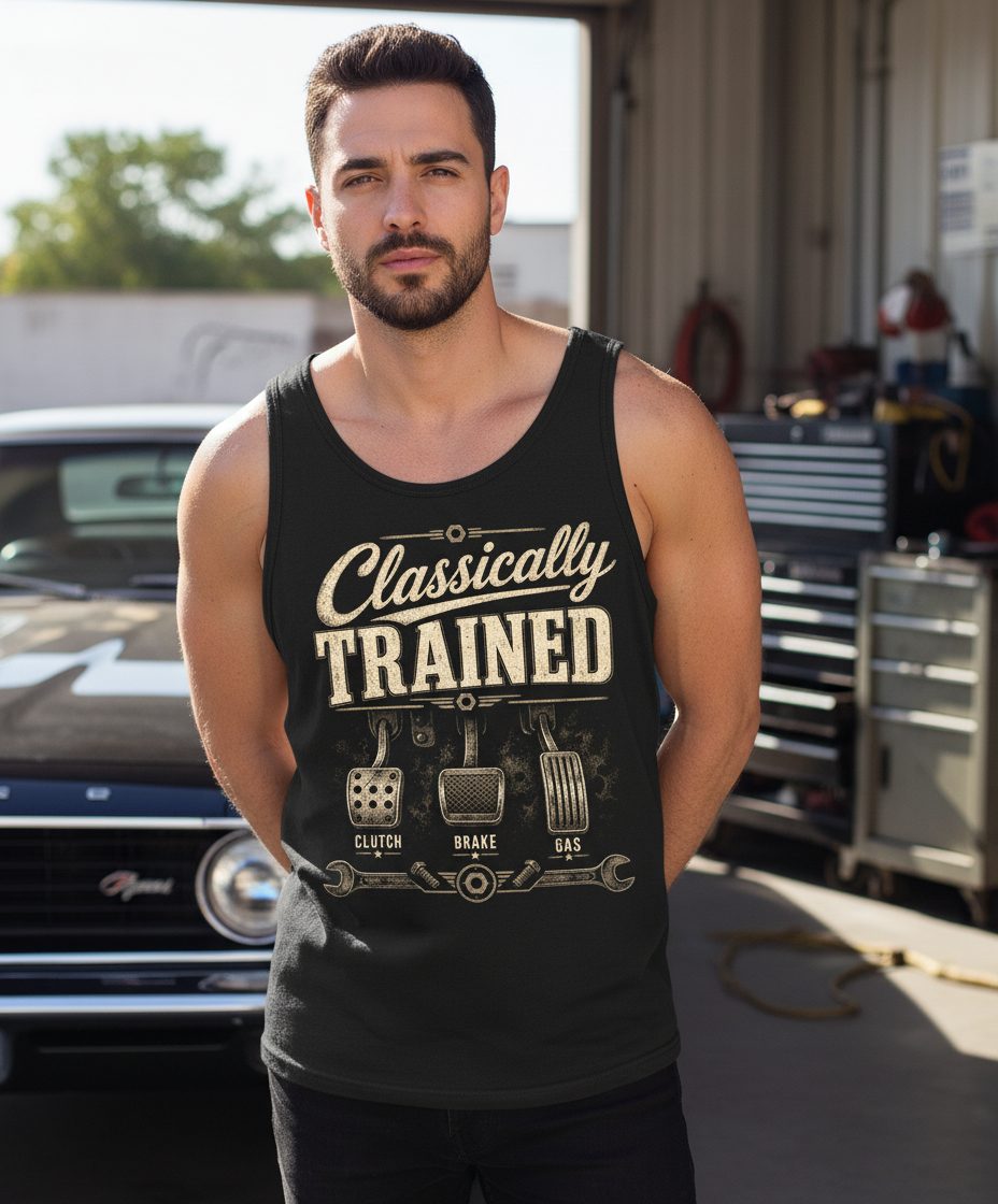 Classically Trained Retro Manual Transmission Tank Top - lifestyle model mockup - Black