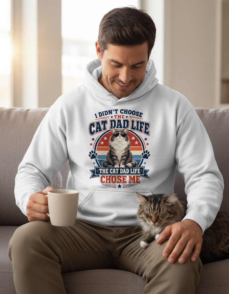 I Didn't Choose the Cat Dad Life the Cat Dad Life Chose Me cat dad Hoodie White lifestyle mockup