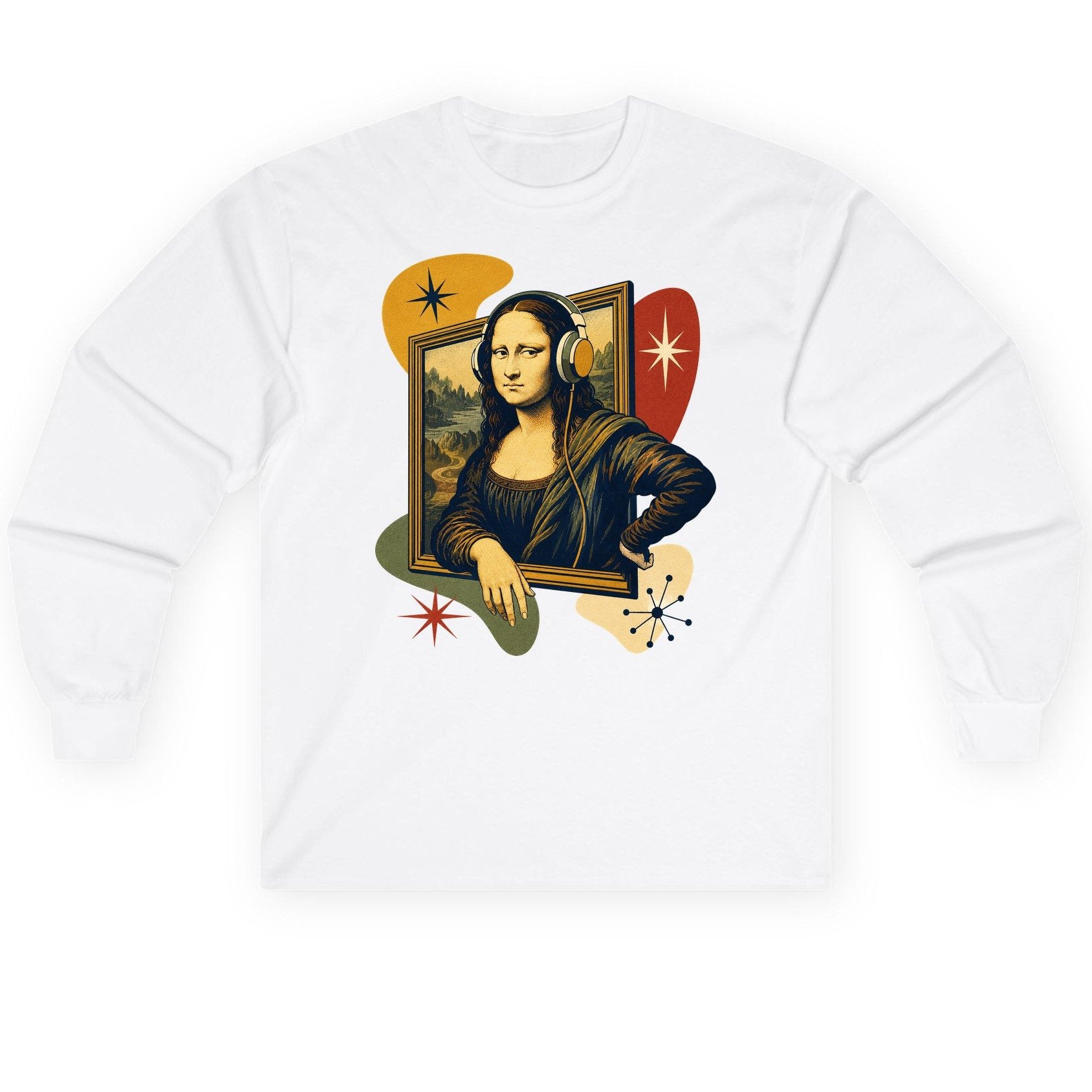 Retro Mona Lisa with Headphones Funny Art Lovers Long Sleeve Tee - product mockup - White