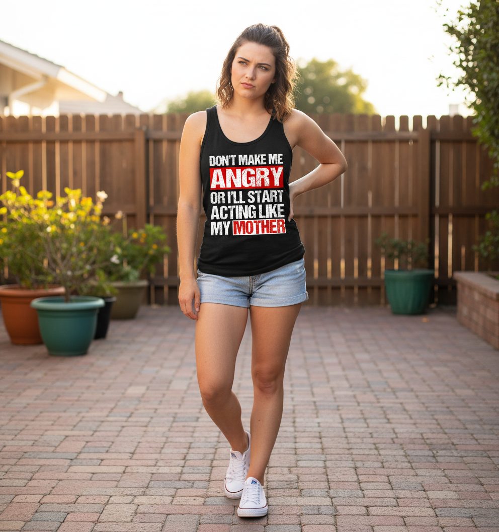 Don't Make Me Angry or I'll Start Acting Like My Mother family humor Tank Top Black lifestyle mockup