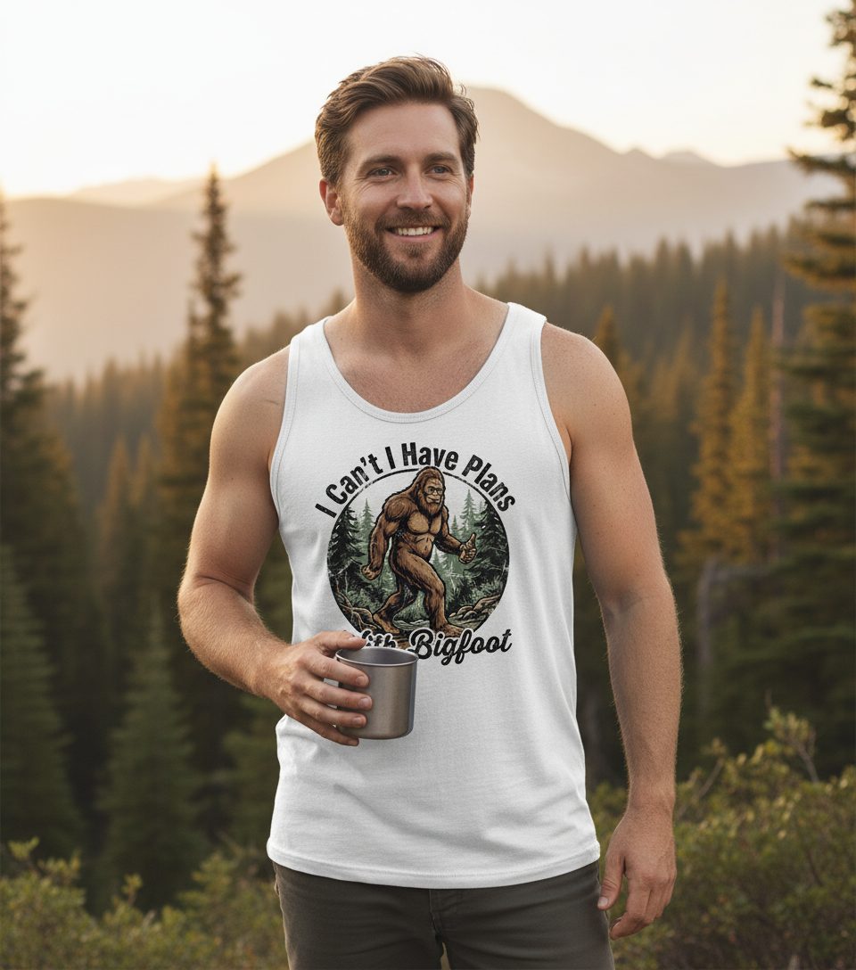 I Can't I Have Plans with Bigfoot bigfoot Tank Top White lifestyle mockup