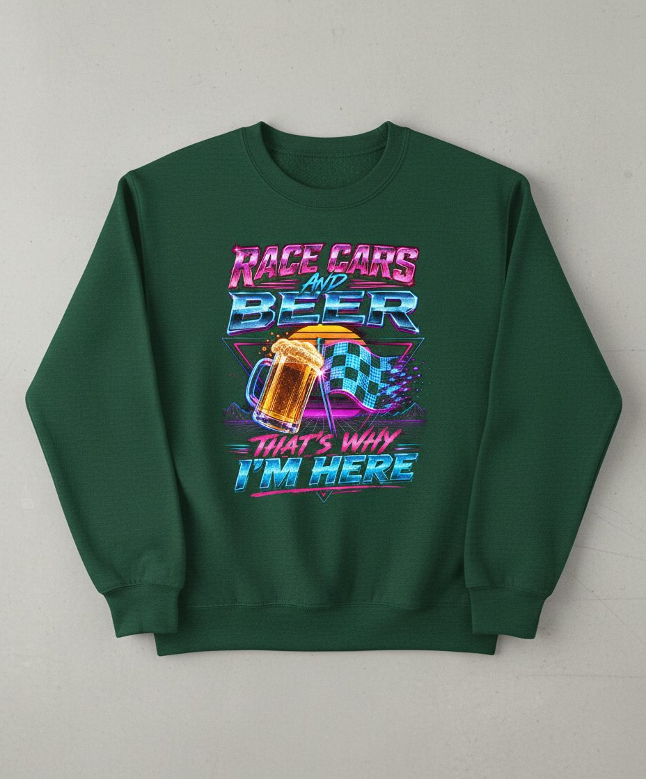 Race Cars and Beer That's Why I'm Here Retro Racing Sweatshirt - product mockup - Forest Green