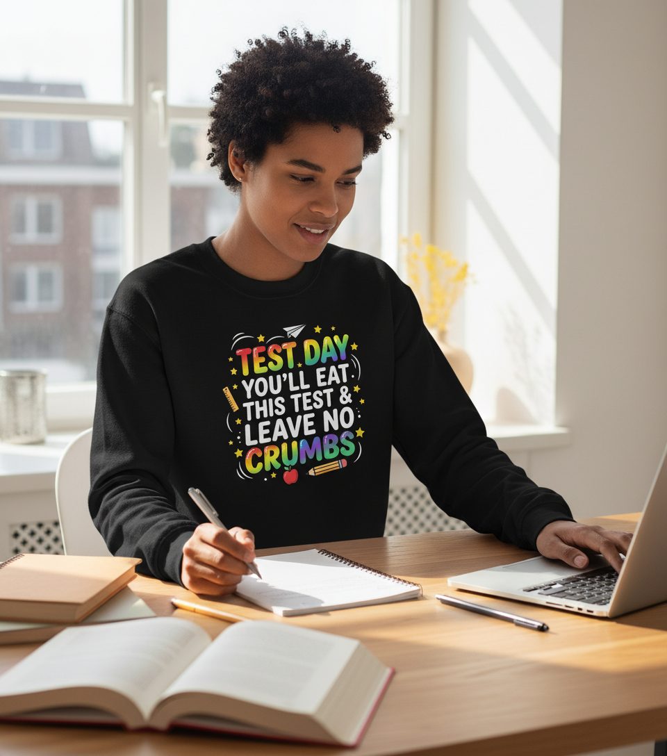 Test Day You'll Eat This Test & Leave No Crumbs Testing Sweatshirt - lifestyle model mockup - Black