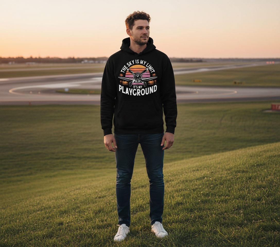 The Sky Is My Limit It's My Playground aviation Hoodie Black lifestyle mockup