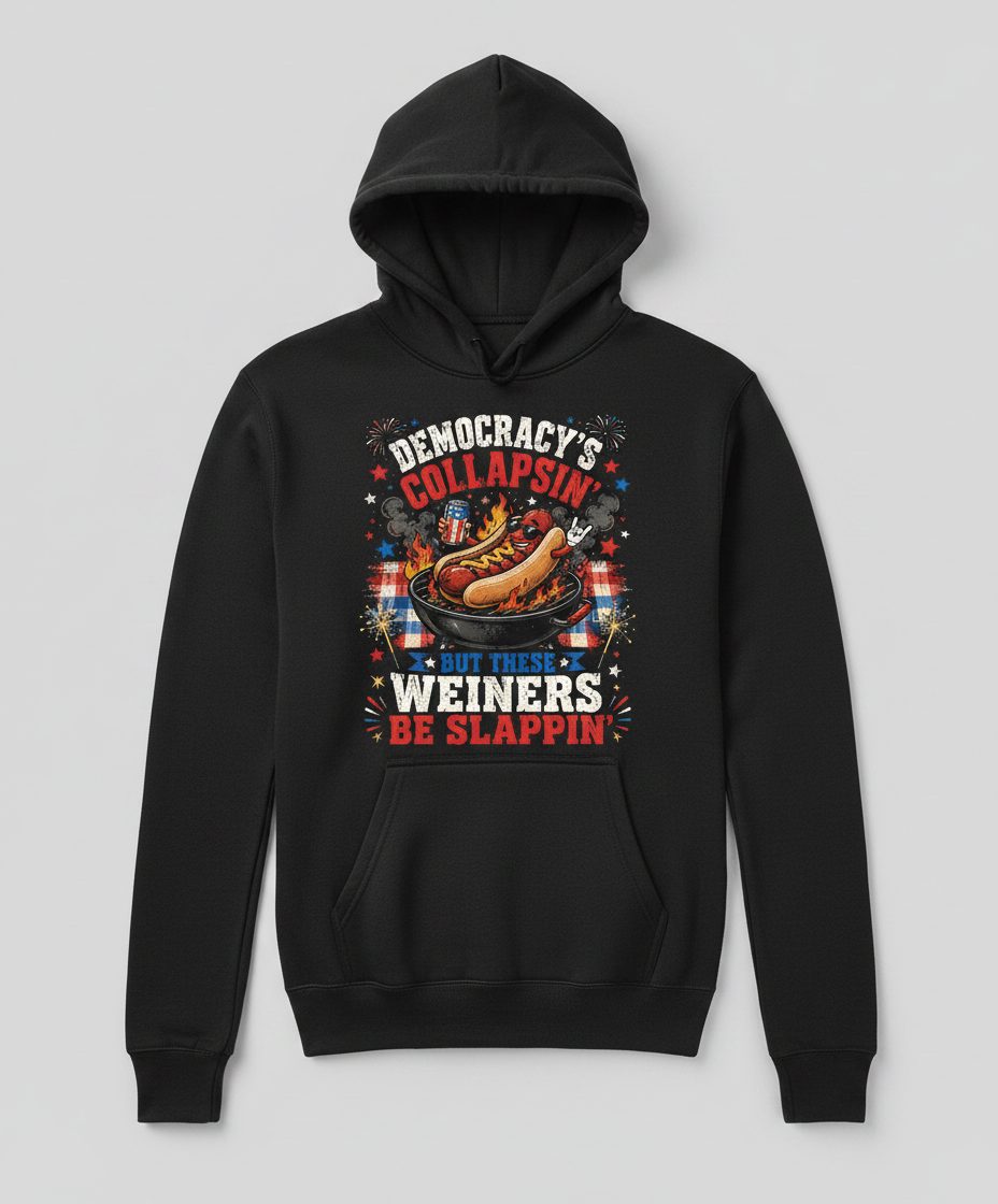 Democracy's Collapsin' but These Weiners Be Slappin' Funny 4th Hoodie - product mockup - Black