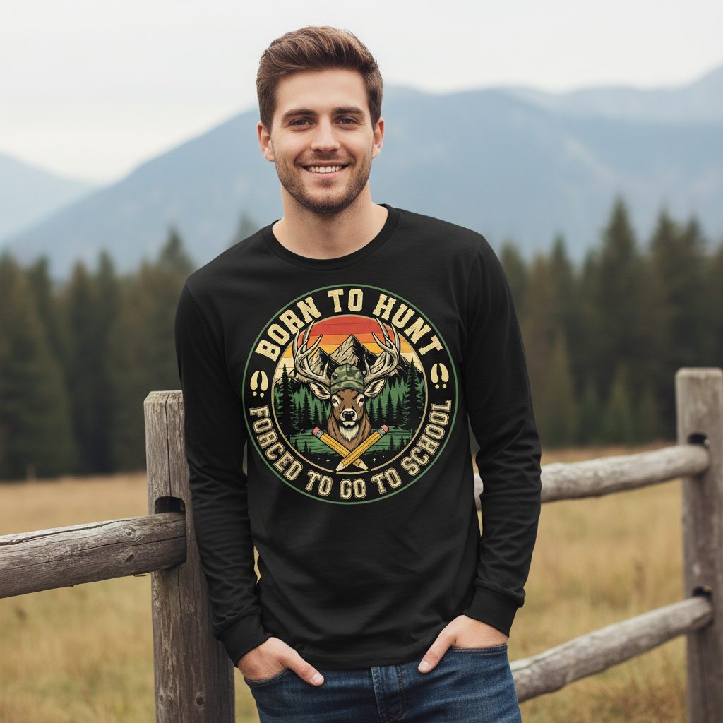 Born to Hunt Forced to Go to School hunting Long Sleeve Tee Black lifestyle mockup