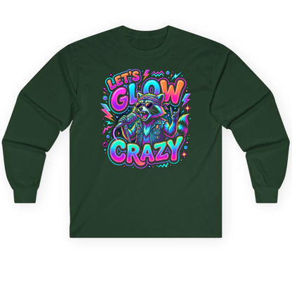 Let's Glow Crazy Funny Rockstar Raccoon Long Sleeve Tee - product mockup - Forest Green