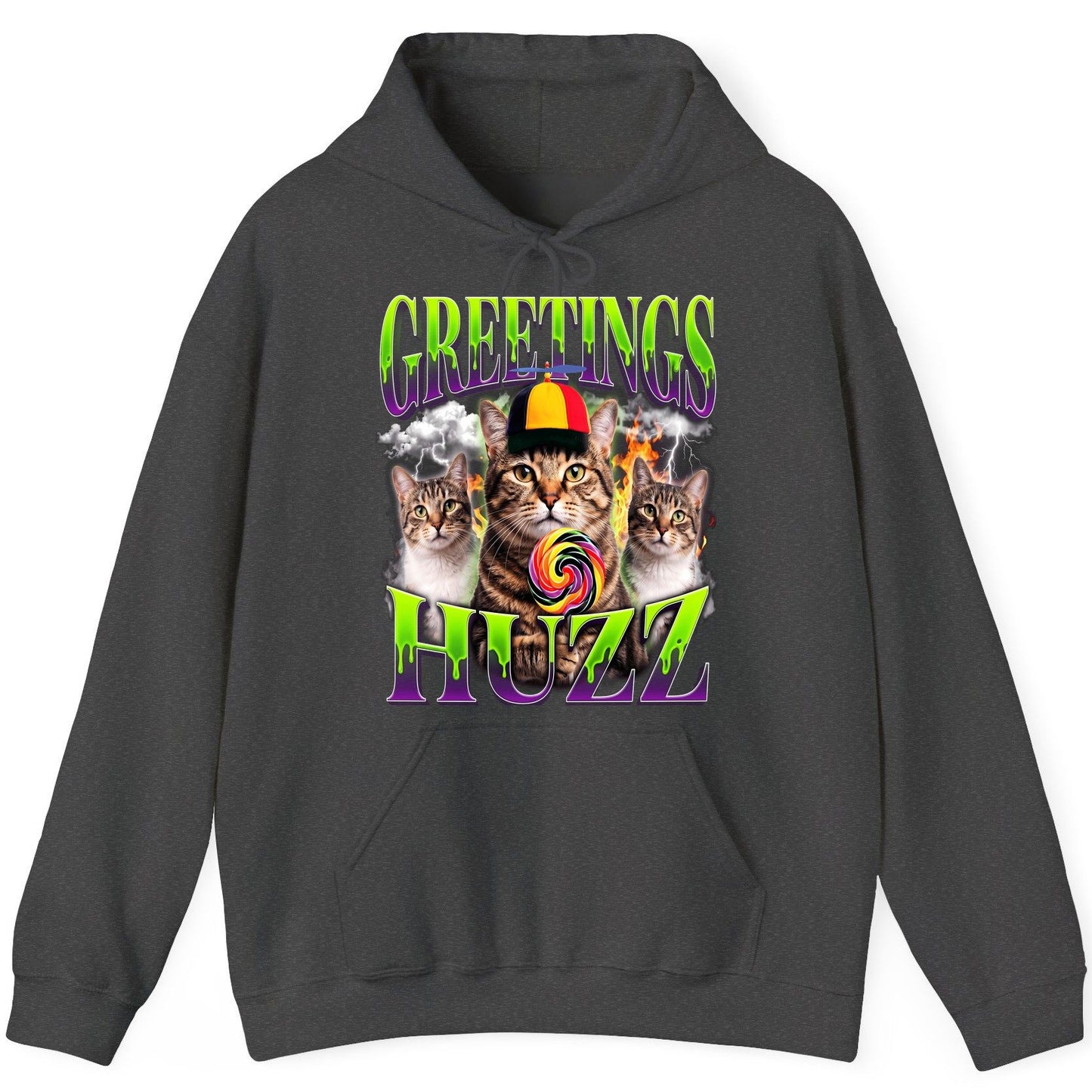 Greetings HUZZ Funny Cat Hoodie - product mockup - Dark Heather