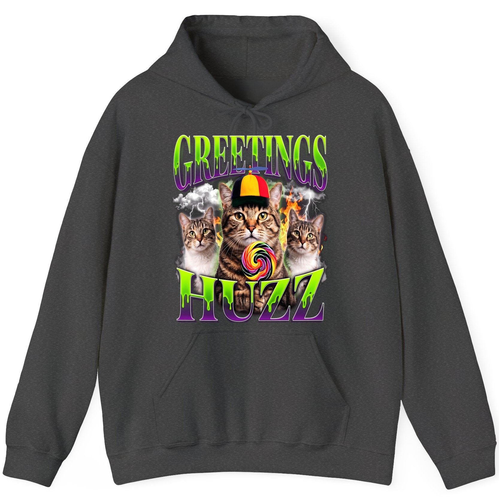 Greetings HUZZ Funny Cat Hoodie - product mockup - Dark Heather