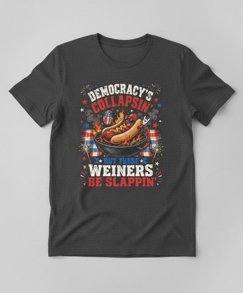 Democracy's Collapsin' but These Weiners Be Slappin' Funny 4th T-Shirt - product mockup - Dark Heather