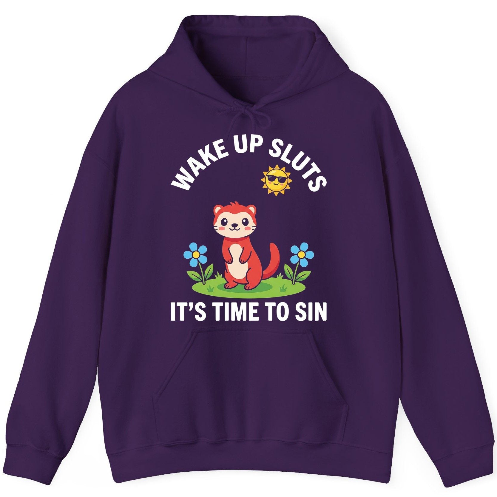WAKE UP SLUTS IT'S TIME TO SIN Funny Ferret Hoodie - product mockup - Purple