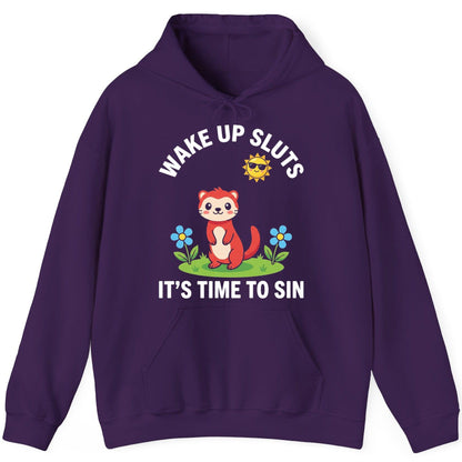 WAKE UP SLUTS IT'S TIME TO SIN Funny Ferret Hoodie - product mockup - Purple