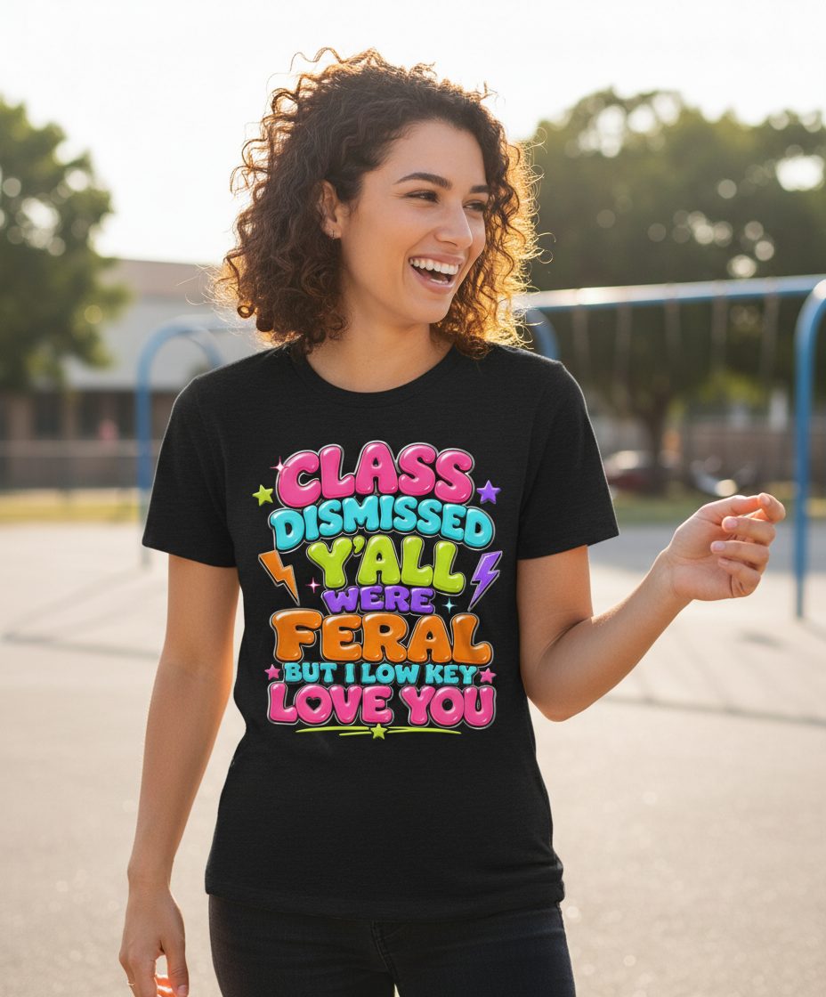 Class Dismissed Y'all Were Feral but I Low Key Love You T-Shirt - lifestyle model mockup - Black