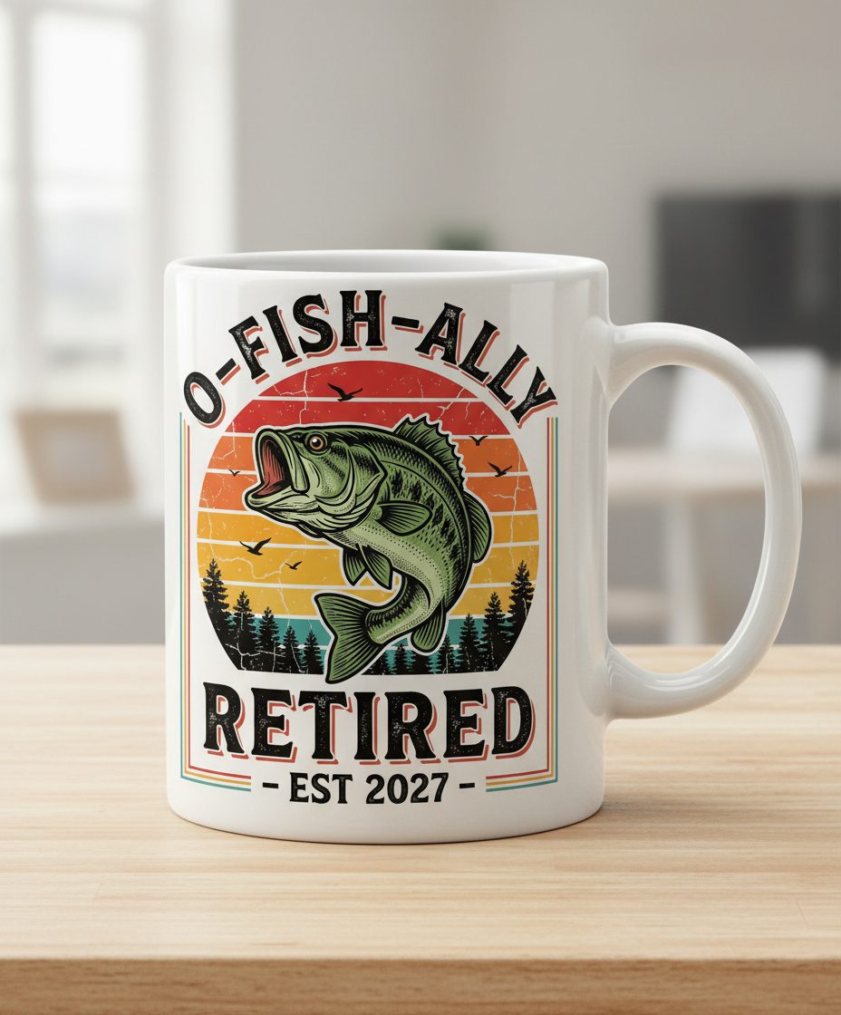 O-Fish-Ally Retired EST 2027 Funny Fishing White Mug - product mockup - White