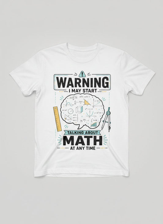 Warning I May Start Talking About Math at Any Time Funny Teachers T-Shirt - product mockup - White