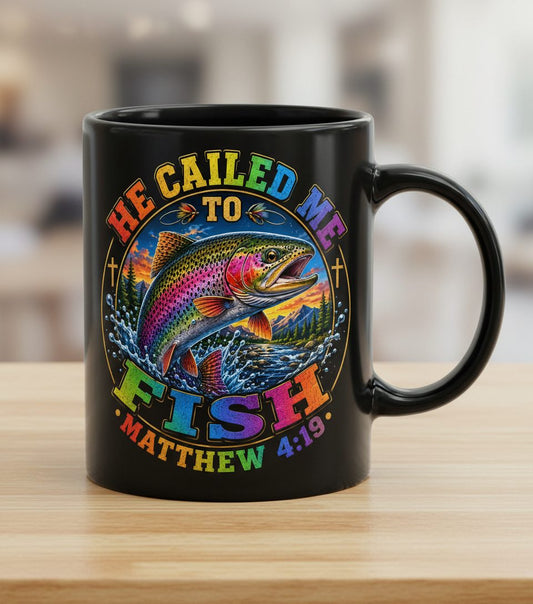 HE CALLED ME TO FISH Matthew 4 19 Christian Fishing Black Mug - product mockup - Black
