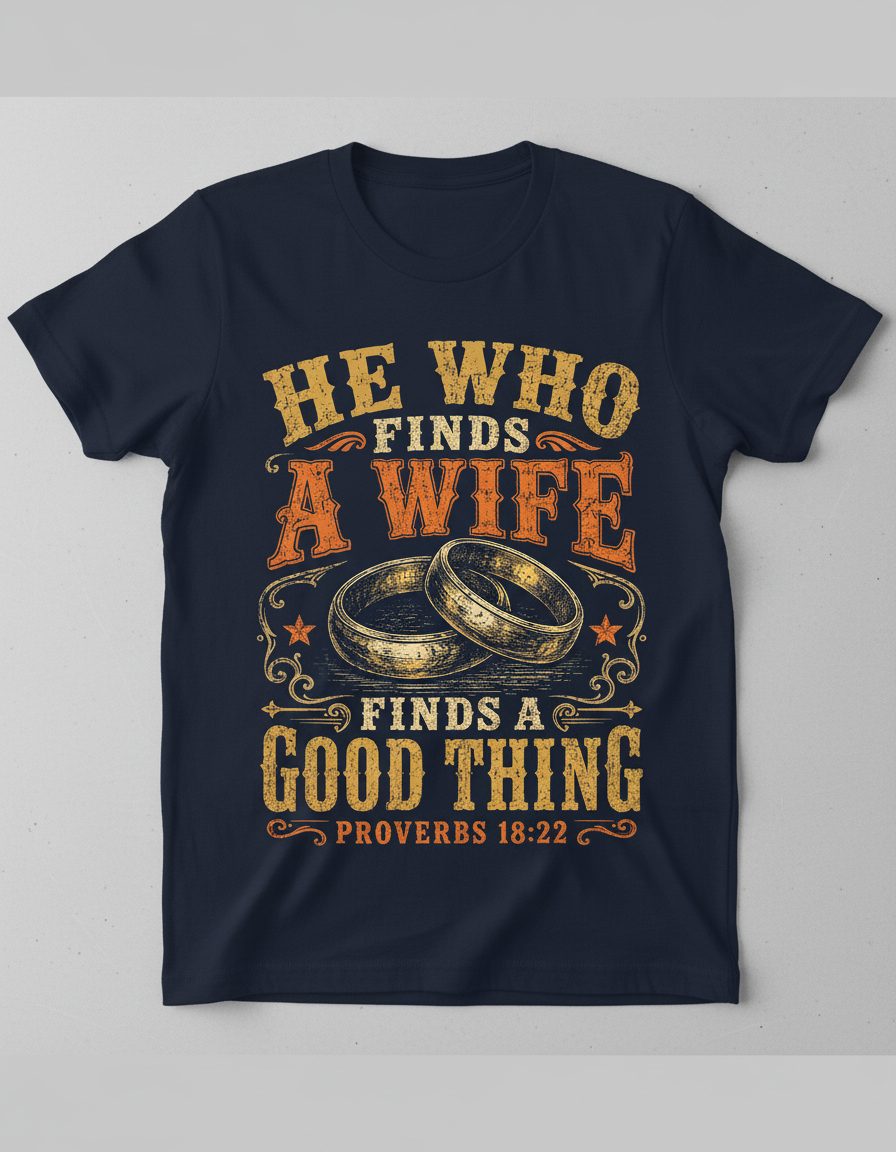 He Who Finds a Wife Finds a Good Thing Proverbs 18 22 T-Shirt - product mockup - Navy