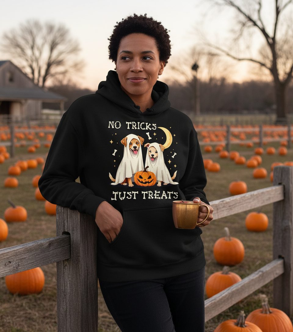 No Tricks Just Treats Halloween dogs Hoodie Black lifestyle mockup