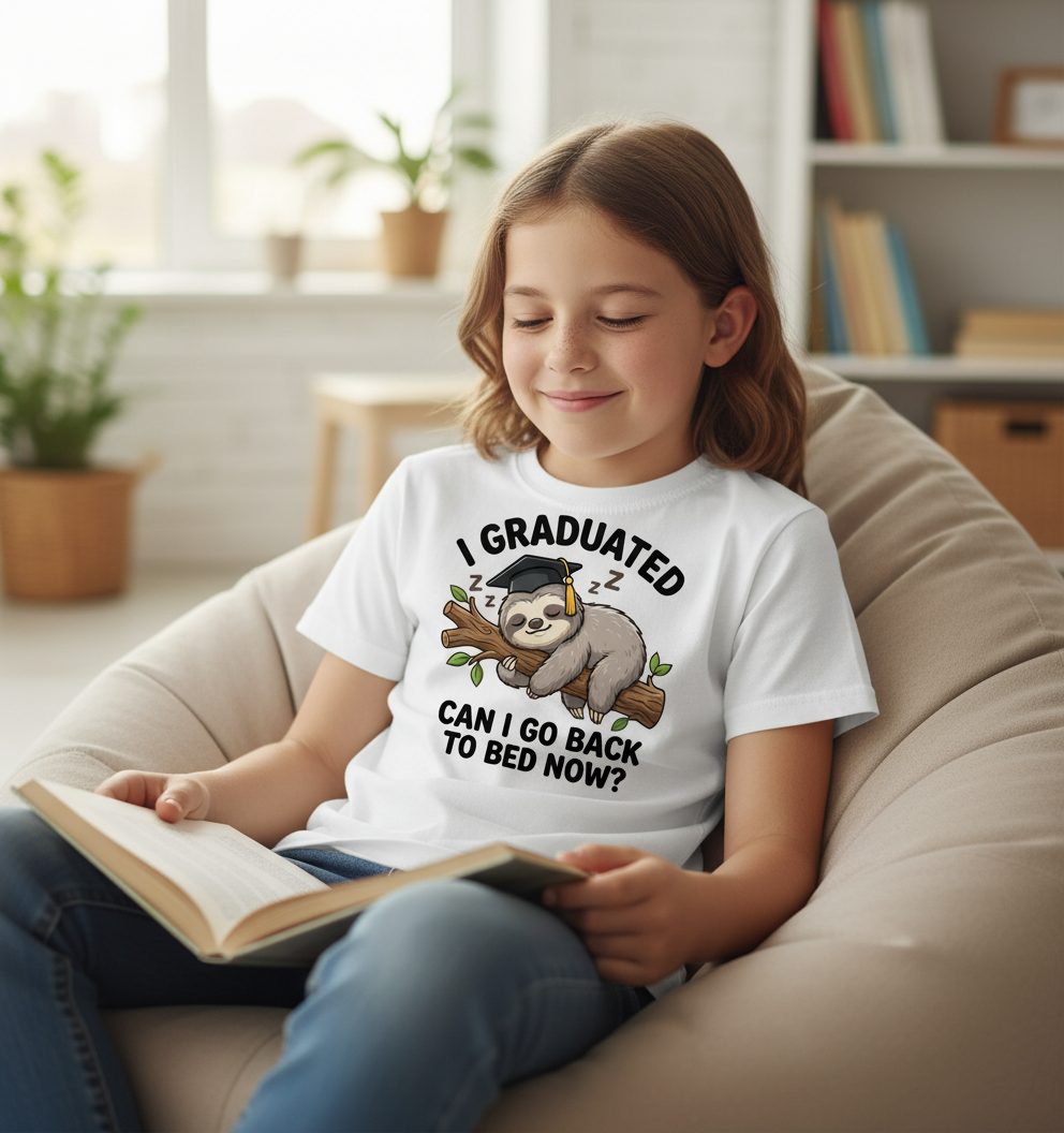 I Graduated Funny Sloth Youth T-Shirt - lifestyle model mockup - White