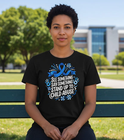 See Something Say Something Stand Up to Child Abuse Prevention T-Shirt - lifestyle model mockup - Black
