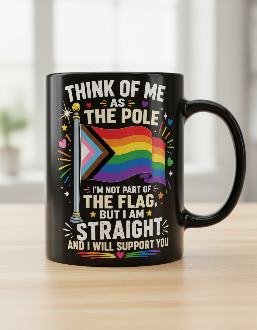 Straight Ally Pride Support 'Think of Me as the Pole' Design Black Mug - Black