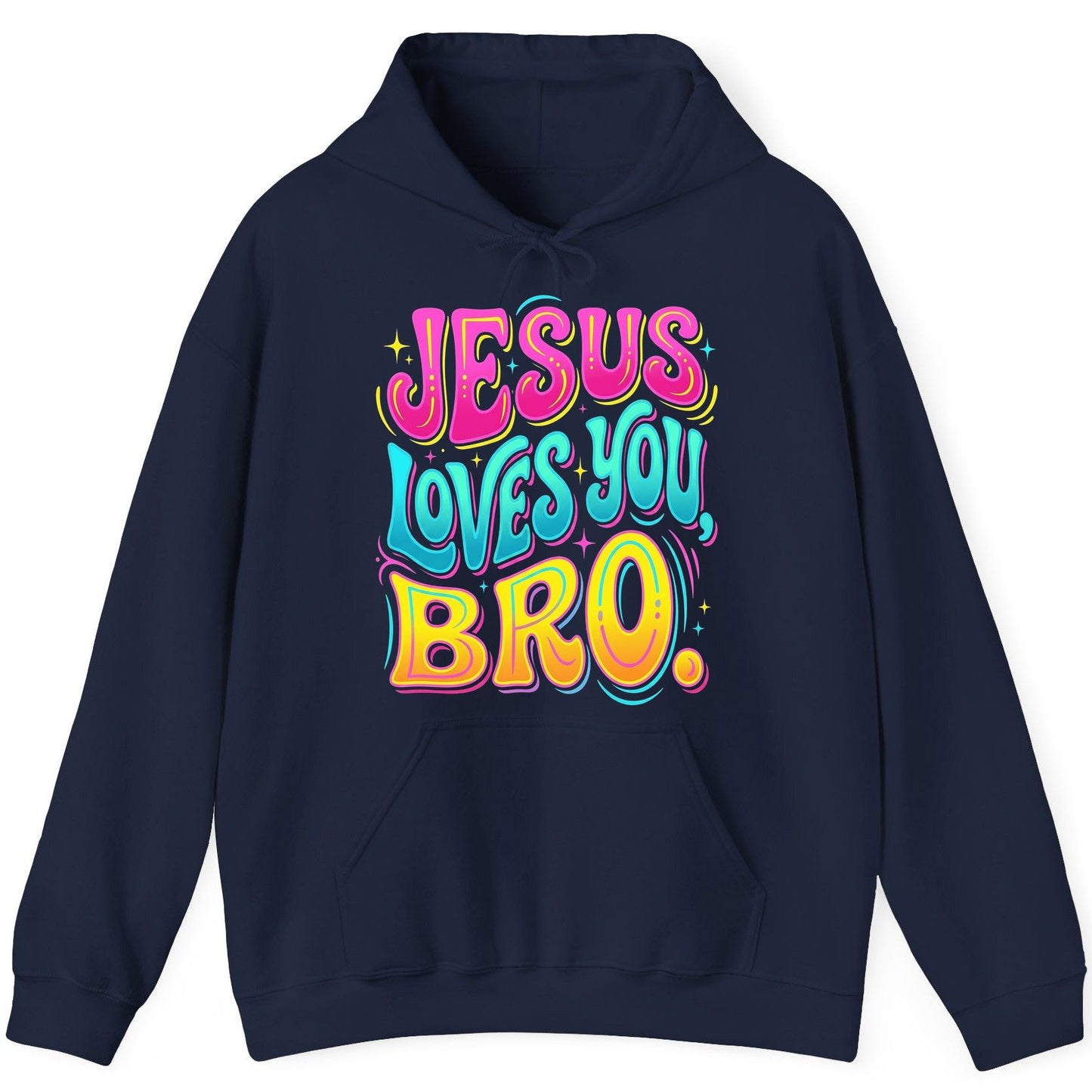 JESUS LOVES YOU BRO Retro Christian Hoodie - product mockup - Navy
