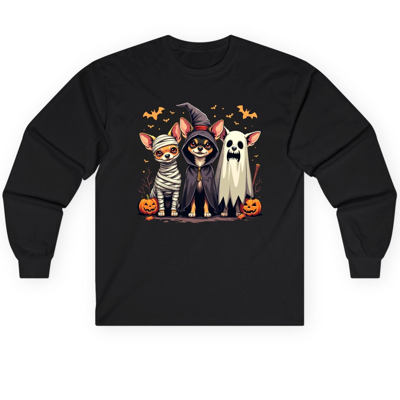 Chihuahua Halloween Costumes chihuahua dogs in Halloween costumes Long Sleeve Tee Black product mockup