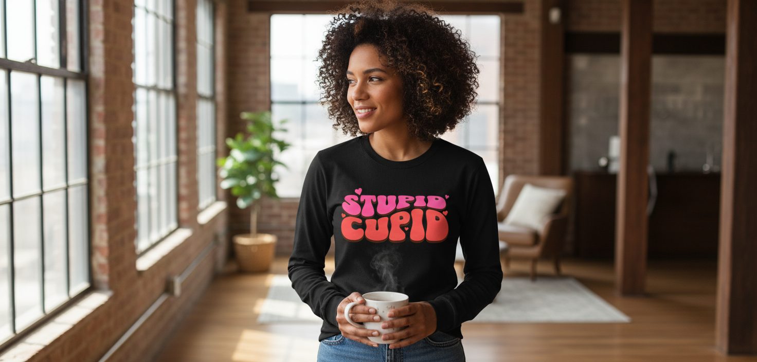 Stupid Cupid anti-Valentine's Day Long Sleeve Tee Black lifestyle mockup