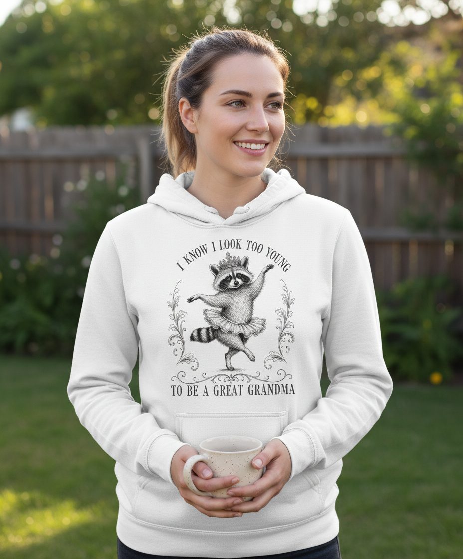 I KNOW I LOOK TOO YOUNG TO BE a GREAT Grandma Funny Raccoon Hoodie - lifestyle model mockup - White