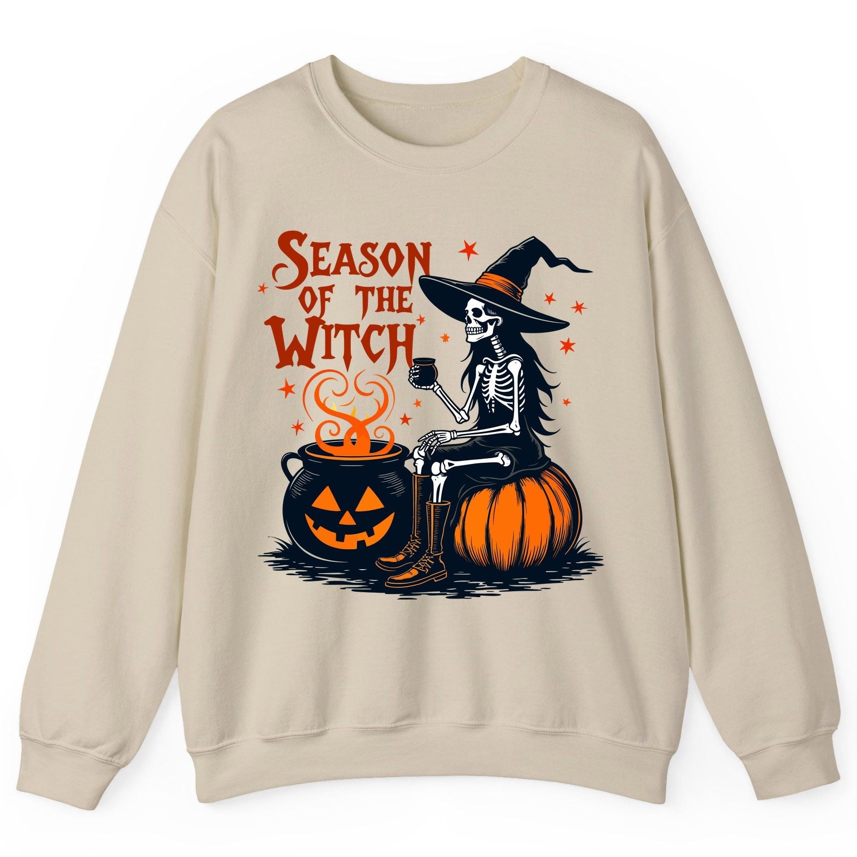 Season of the Witch skeleton witch Sweatshirt Sand product mockup