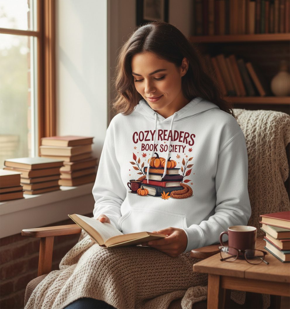 Cozy Readers Book Society reading Hoodie White lifestyle mockup