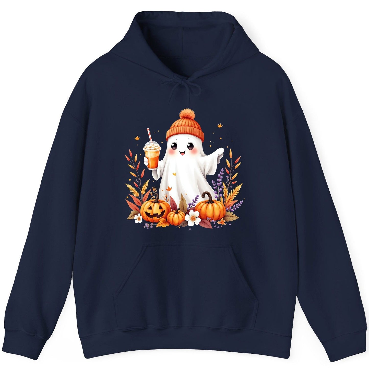 Cute Ghost Pumpkin Spice Latte cute Halloween ghost Hoodie Navy product mockup